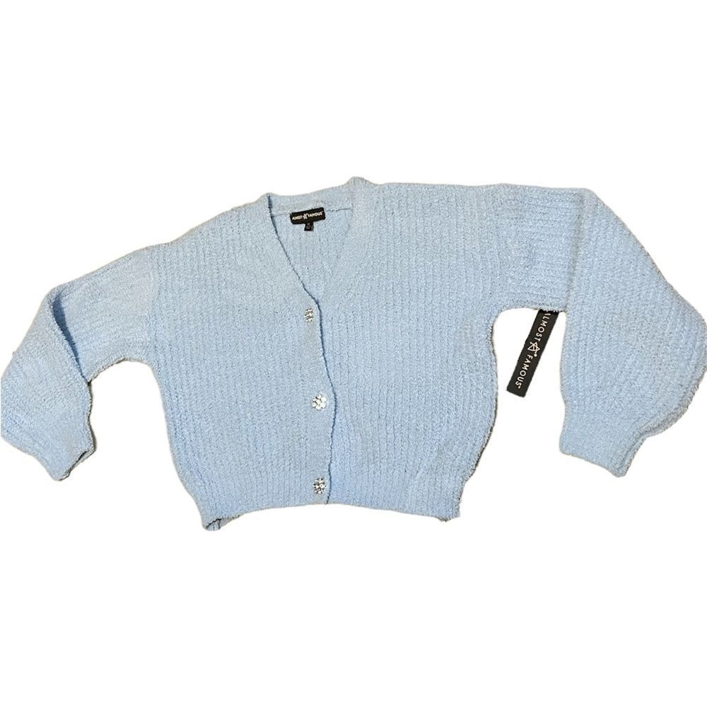 NWT Fuzzy V-Neck Light/Baby Blue Cardigan w/ Flower Buttons &Semi Bubble Sleeves